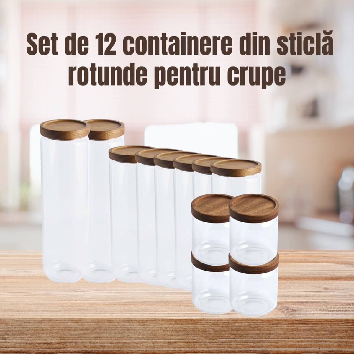 Set promo 12 borcane sticlă pentru crupe (rotunde, capac de salcâm)