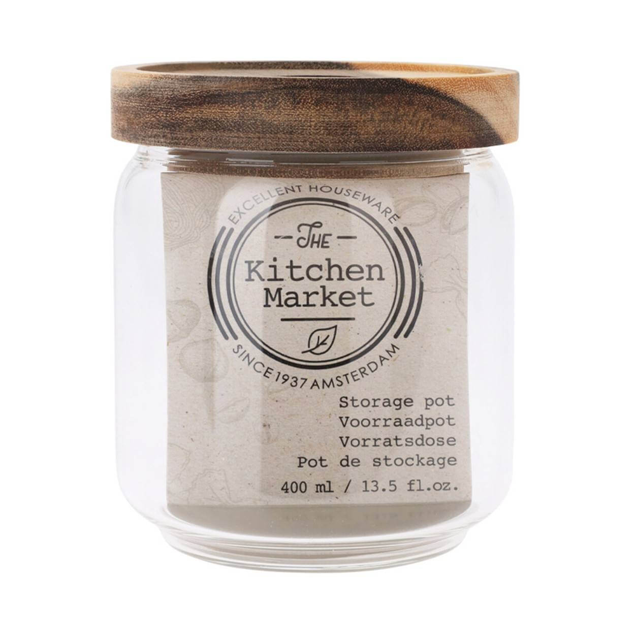 Borcan din sticla cu capac salcam, 0.4l, 11cm, EH