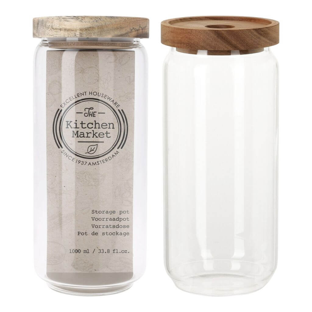 Borcan din sticla cu capac salcam,1l, 20cm, EH