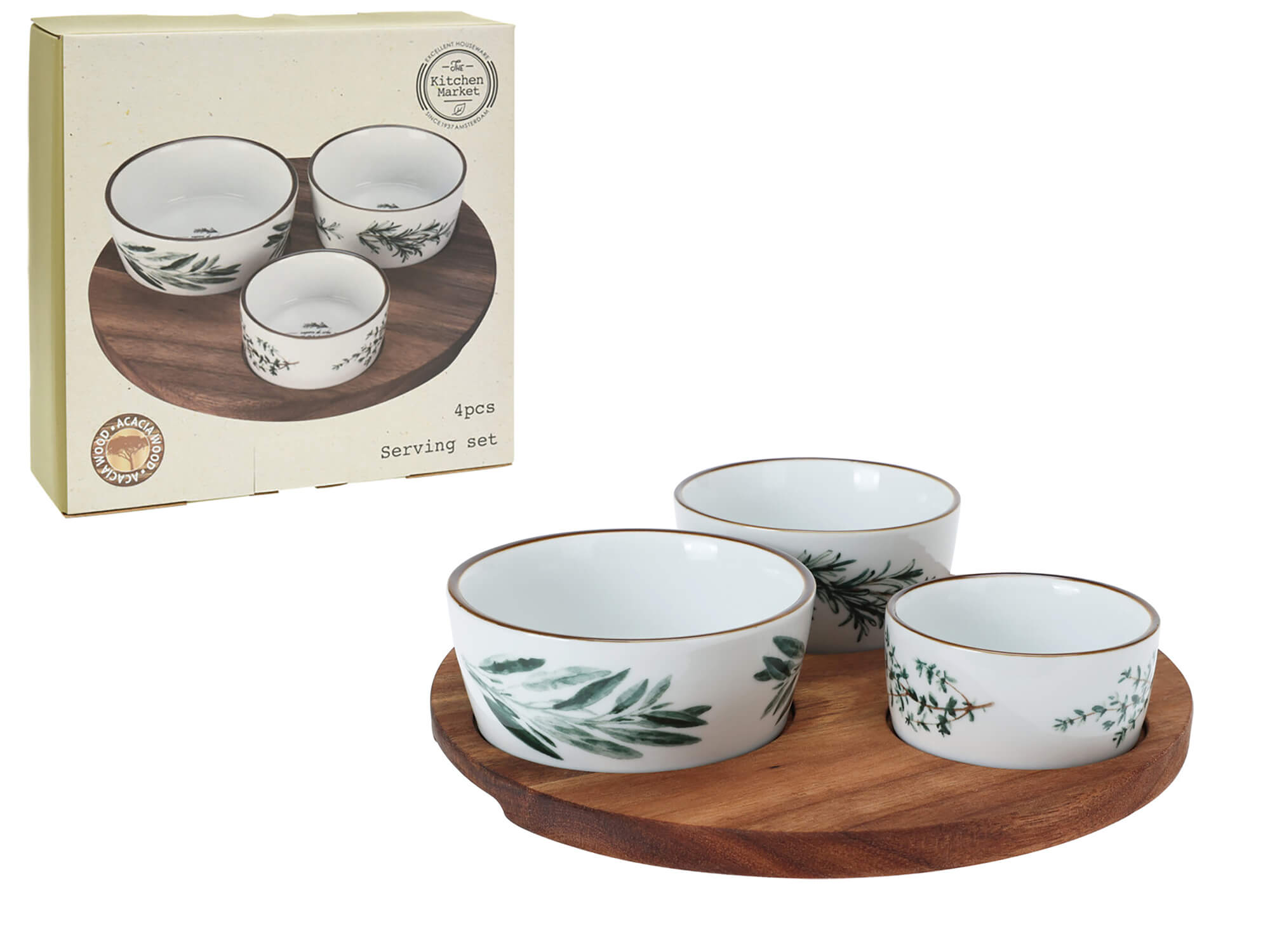 Set servire 3 boluri din portelan, suport din lemn D21cm, EH